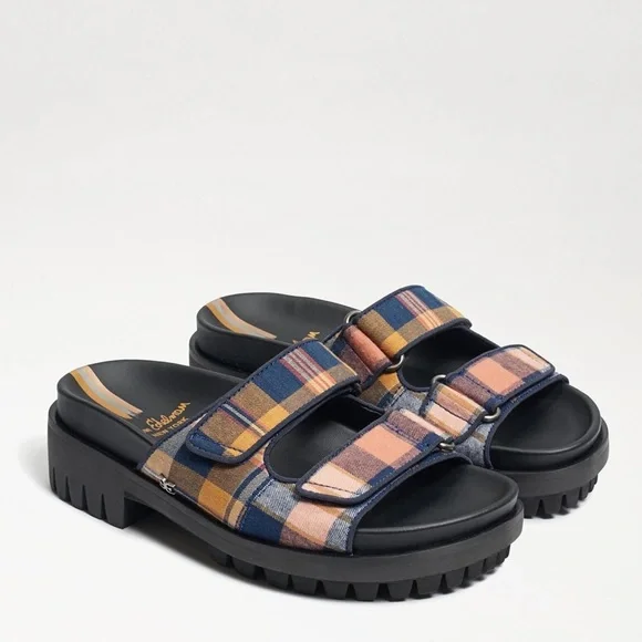 NIB Sam Edelman Eliana Two Strap Lug Sole Slide Sandal Mustard Plaid